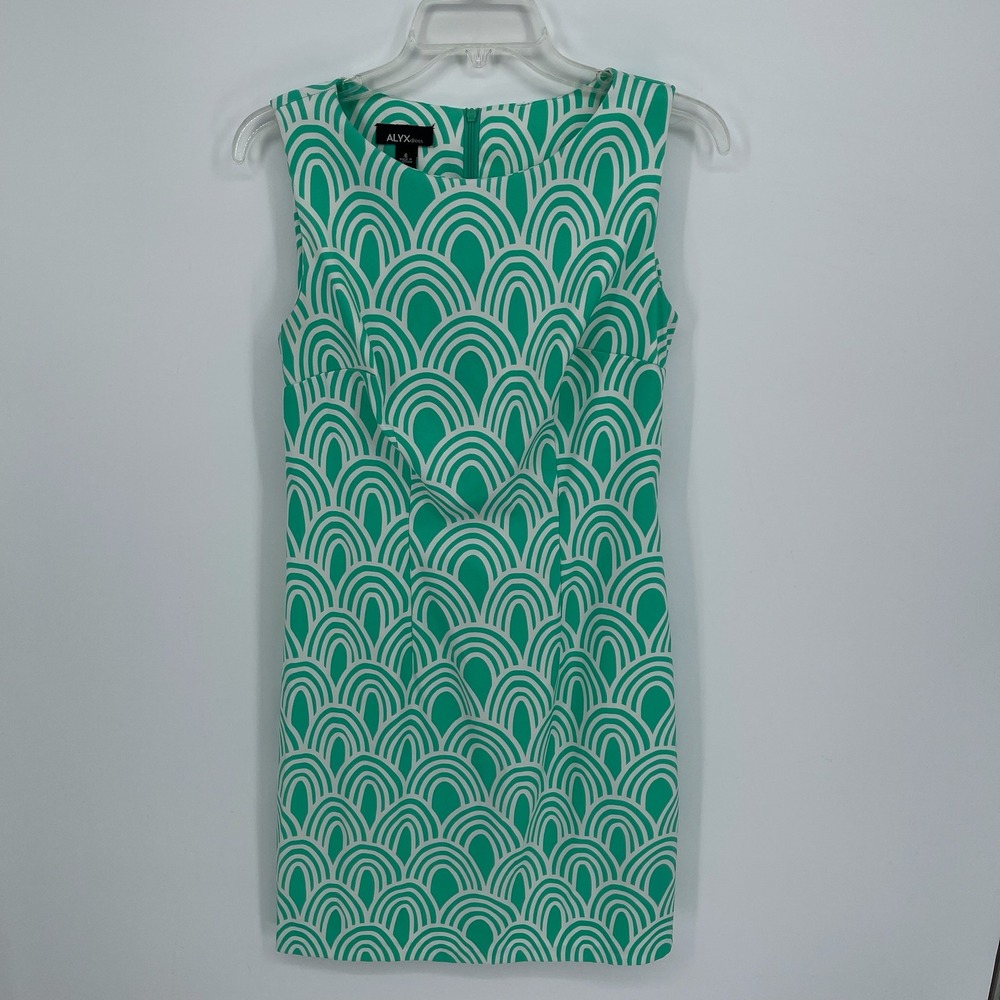 Alyx Women's Green White Geometric Scallopโ Print Sleeveless Shift Dress Size 6